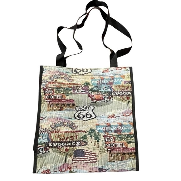 A39-Multi-coloured tapestry tote bag with zipper closure, Route 66 design - Picture 2 of 7